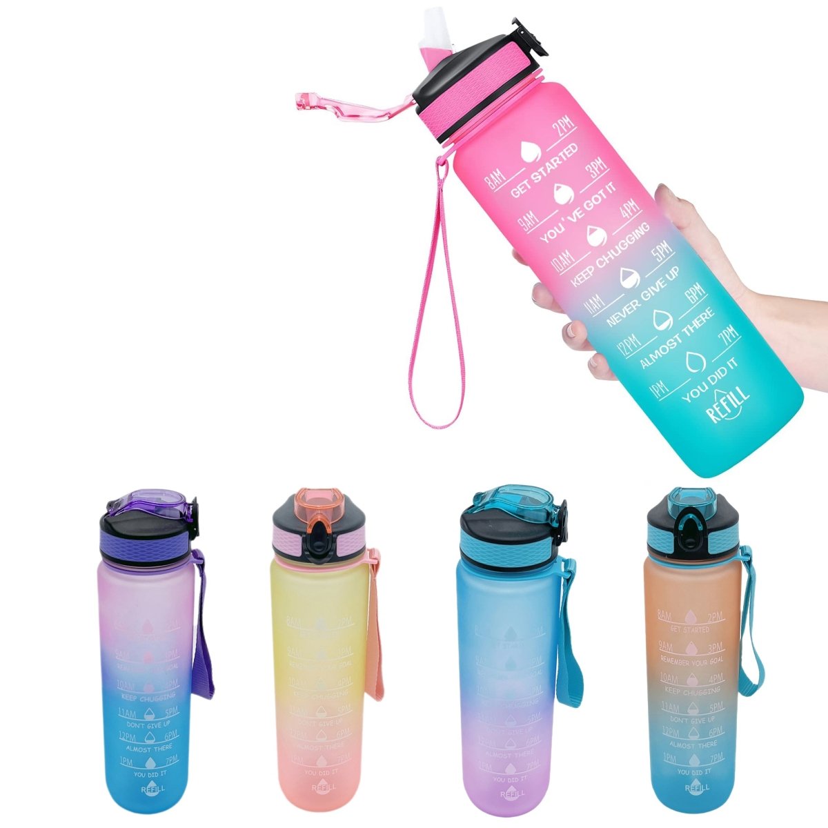 32 oz Sports Water Bottle with Straw Motivational Time Marker Leakproof BPA Free, Purple